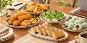 Ilustrasi risoles, pastel, kue pandan, klepon, dan potongan lapis legit di meja meeting kantor.